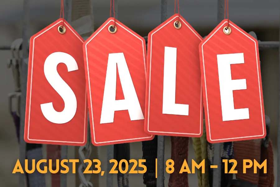 Image of four red hanging tags, each with one letter, spelling 'SALE'. Underneath the graphic is the text 'August 23, 2025. 8 AM - 12 PM'